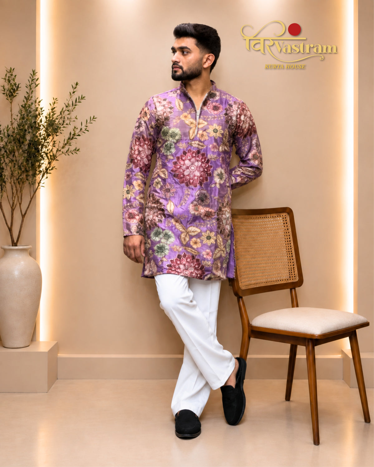Men's Handcrafted Floral Embroidered Silk Short Kurta Set