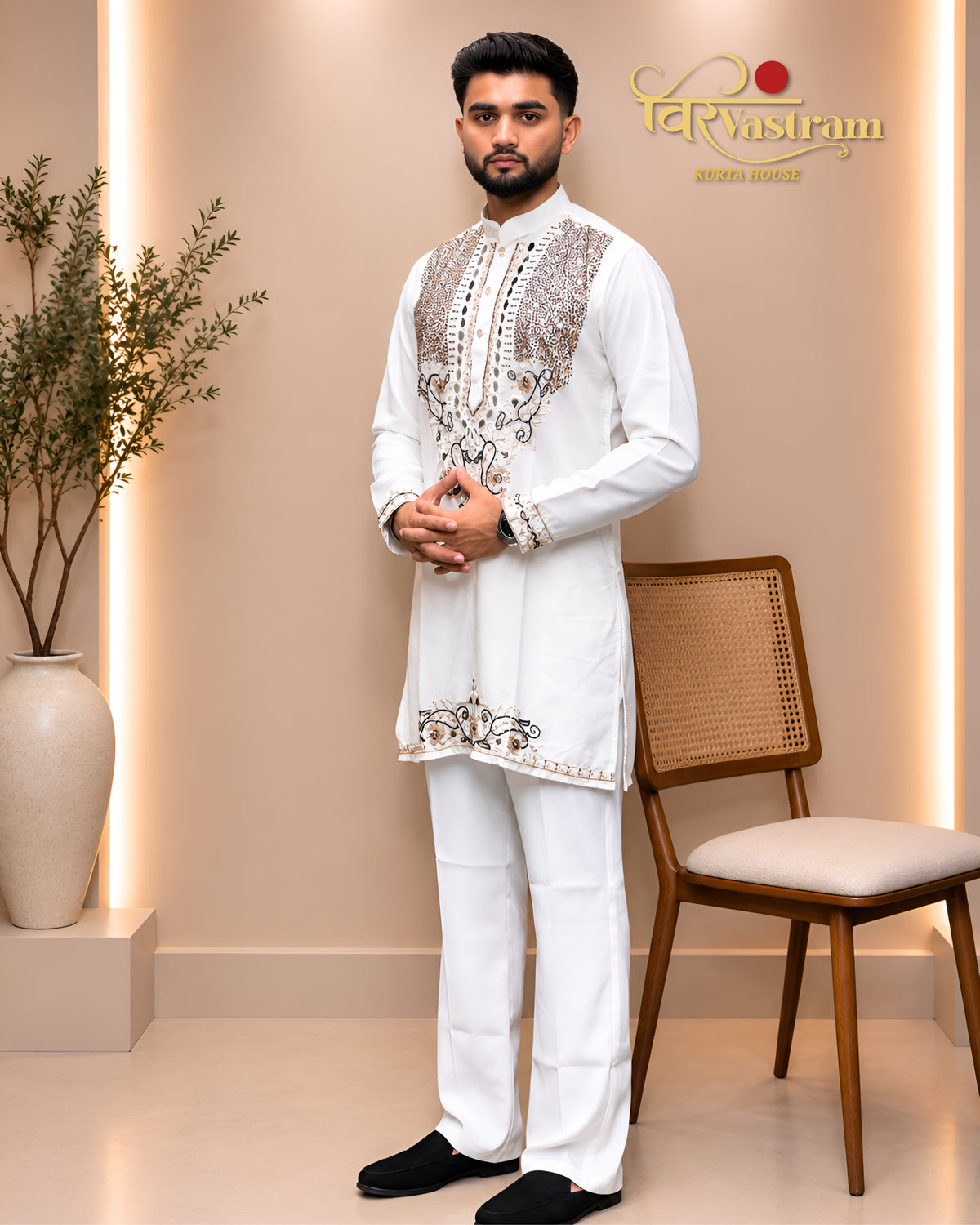 Men's Designer Heavy Yoke Mirror Work & Thread Embroidered Silk Short Kurta Set | Festive & Party Wear