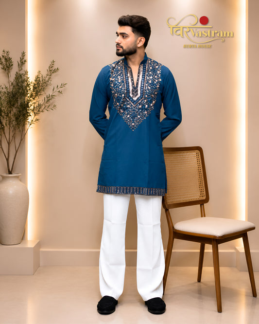 Men's Heavy V-Yoke Mirror & Sequins Embroidered Silk Short Kurta Set | Festive & Party Wear