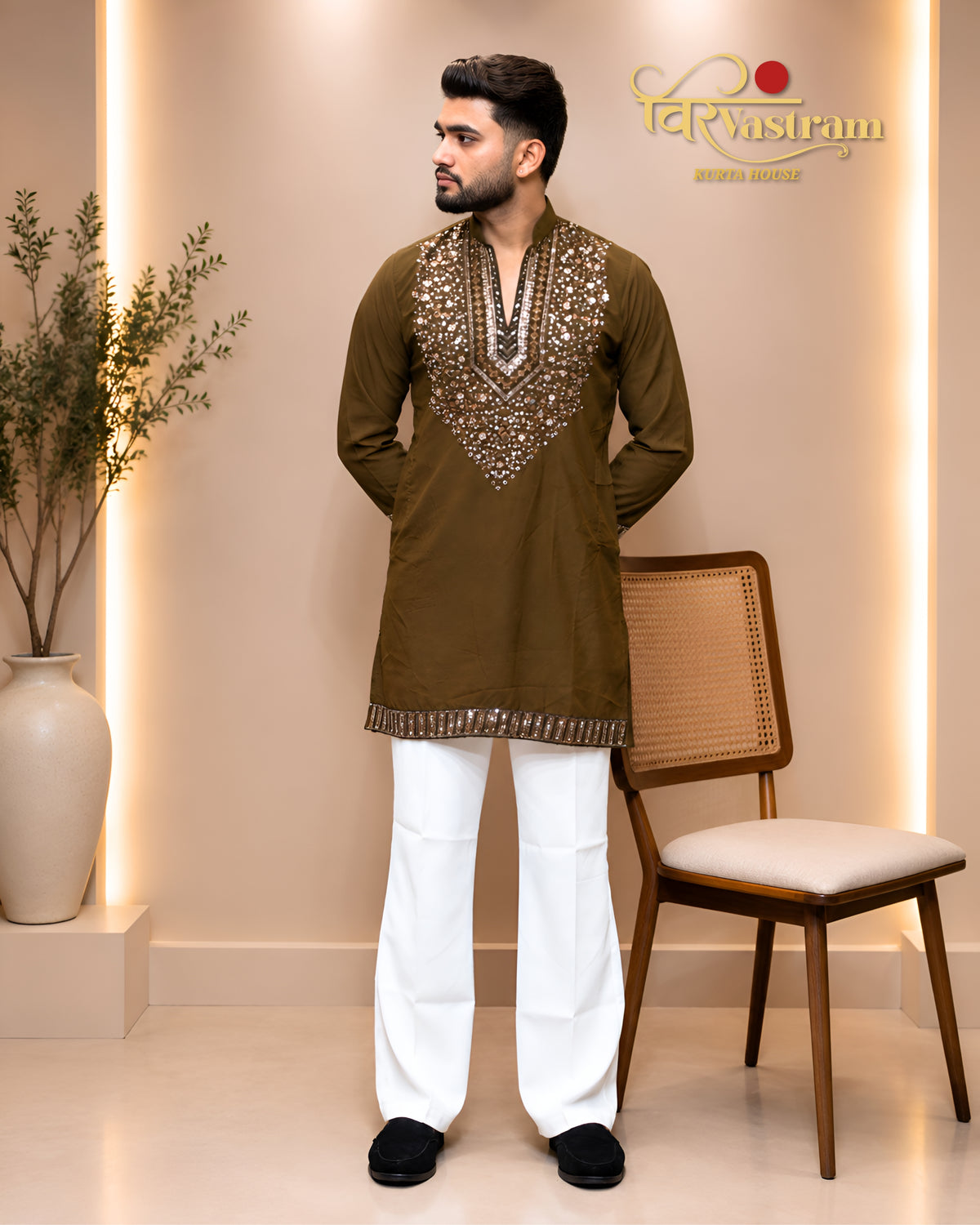 Men's Heavy V-Yoke Mirror & Sequins Embroidered Silk Short Kurta Set | Festive & Party Wear