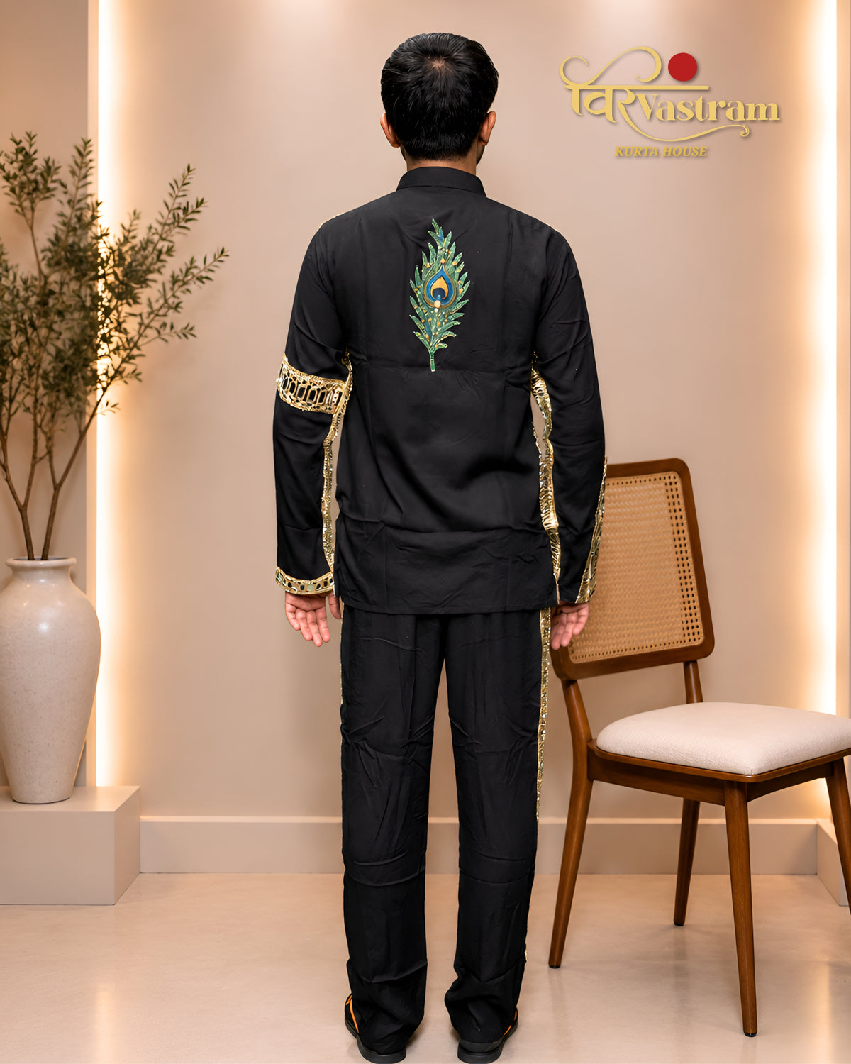 Men's Peacock Motif & Kutch Patchwork Short Kurta Set with Tassels | Navratri & Festive Fusion Wear