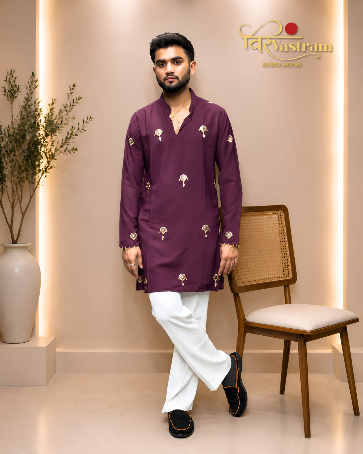 Men's Embroidered Motif Silk Blend Short Kurta Set with Cowrie Shell Accent | Festive Wear
