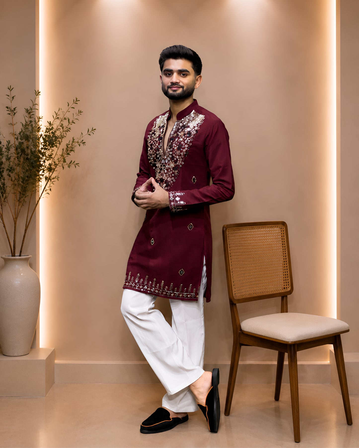 Premium Armani Fabric Mirror & Beads Work V-Neck Short Kurta