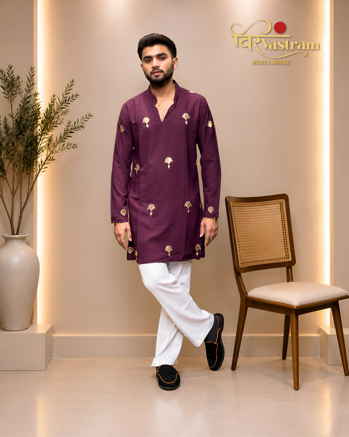 Men's Embroidered Motif Cotton Silk Short Kurta Set | Modern Ethnic Wear