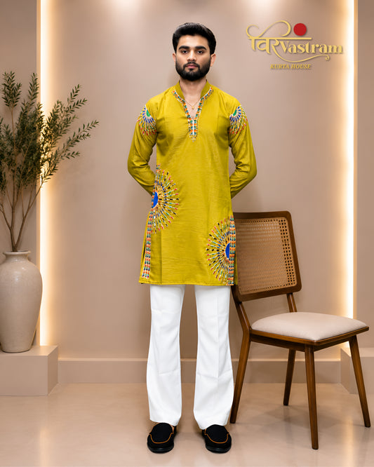 Men's Circular Mirror-Work Embroidered Short Kurta Set | Festive Navratri Wear