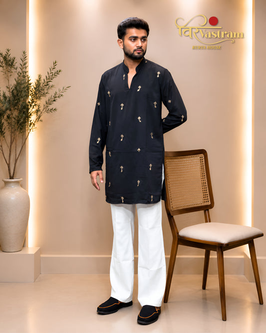 Men's Minimalist Embroidered Motif Short Kurta Set | Modern Ethnic Wear