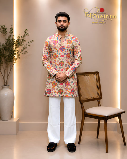 Men's Printed Silk Short Kurta Set | Festive Modern Ethnic Wear