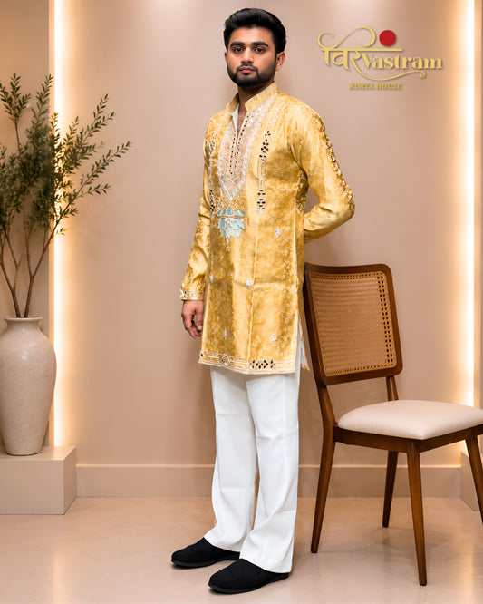 Men's Lotus Patch Embroidered Jacquard Short Kurta Set | Festive Modern Ethnic Wear