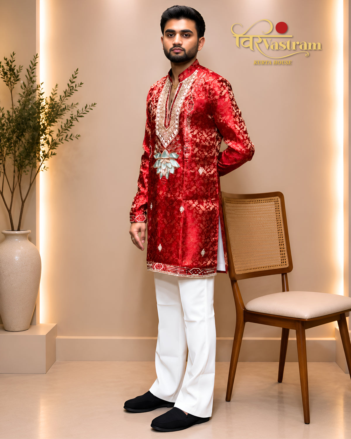 Men's Lotus Patch Embroidered Jacquard Short Kurta Set | Festive Modern Ethnic Wear
