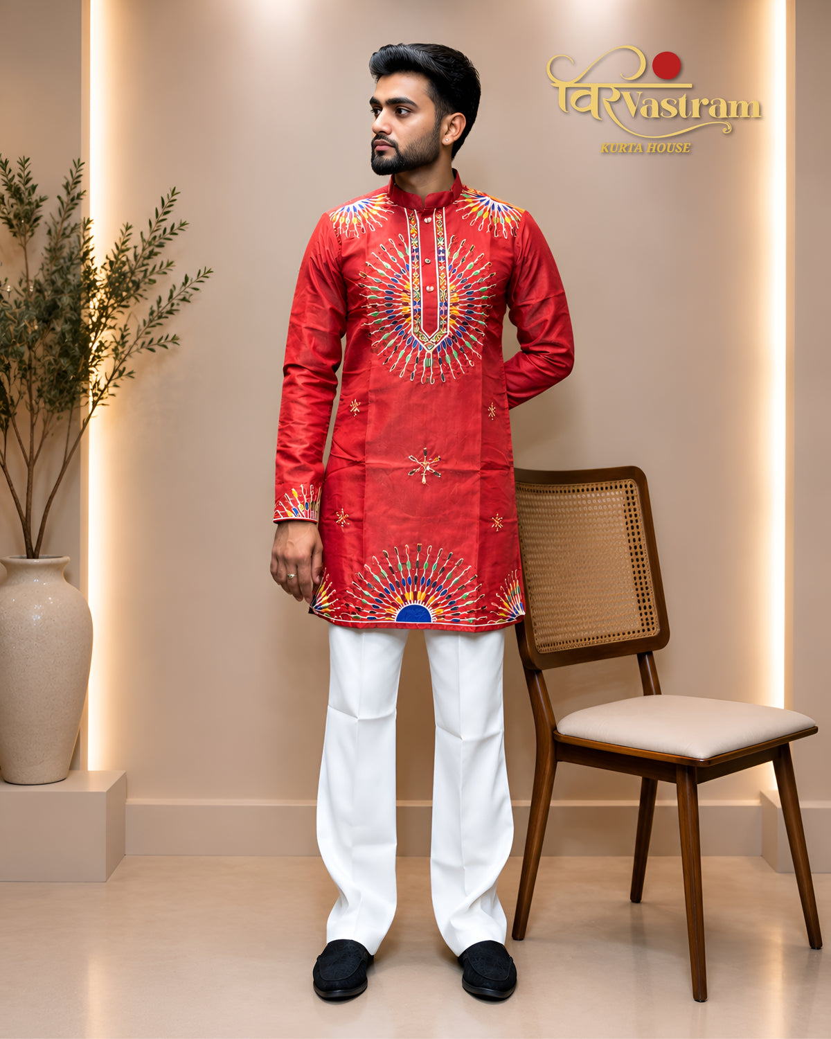 Men's Sunburst Mirror & Thread Embroidered Short Kurta Set | Festive Wear