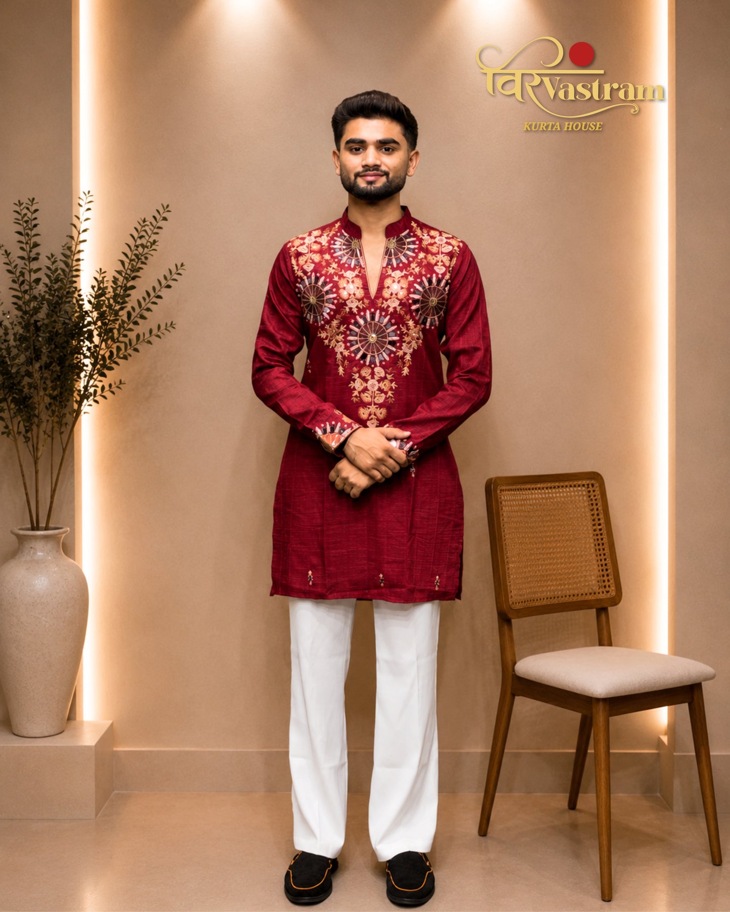 Premium Purple Men's Mirror Embroidery V-Neck Short Kurta