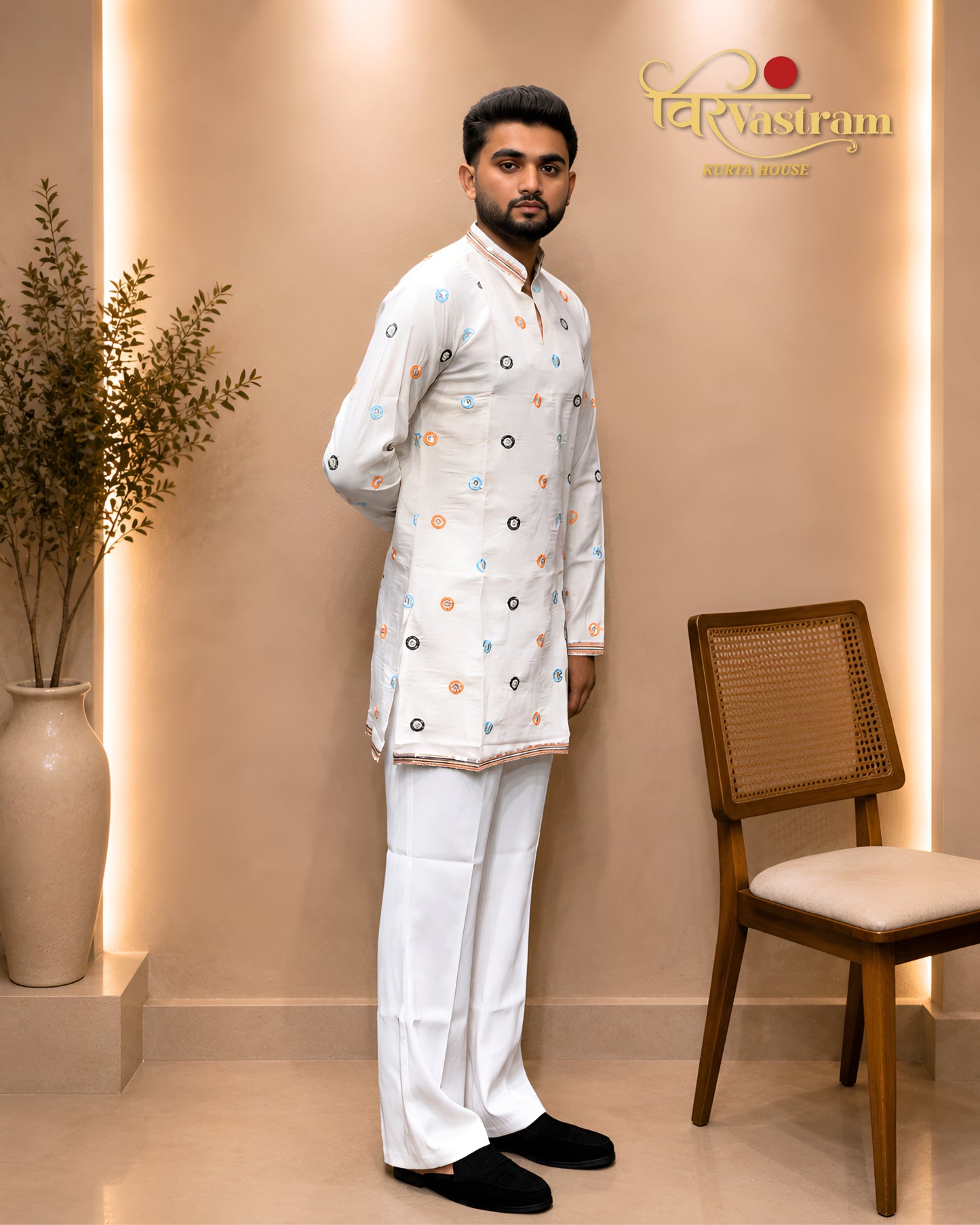Men's All-Over Circular Mirror Work & Lace Border Silk Short Kurta Set | Festive & Party Wear