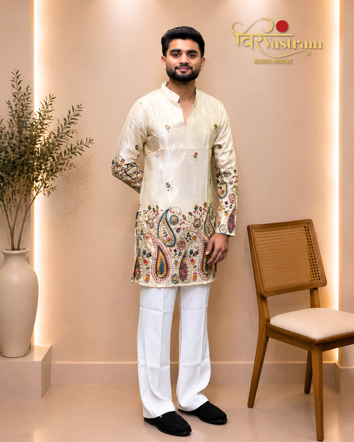 Men's Heavy Embroidered Silk Short Kurta With Sequans Work