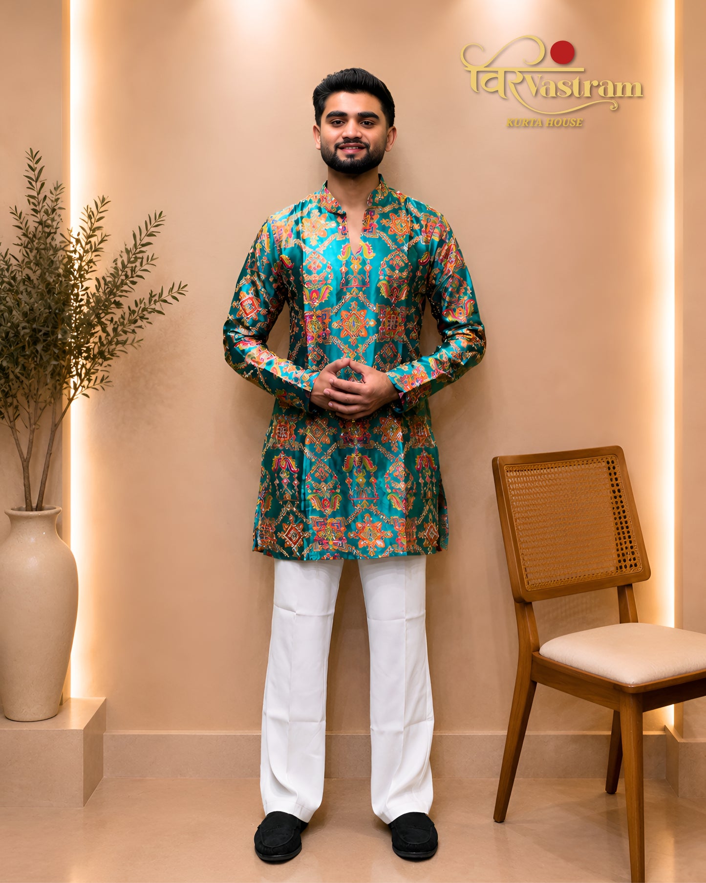 Men's All-Over Multi-Color Floral Printed & Embroidered Silk Short Kurta Set | Festive & Haldi Wear (Copy)
