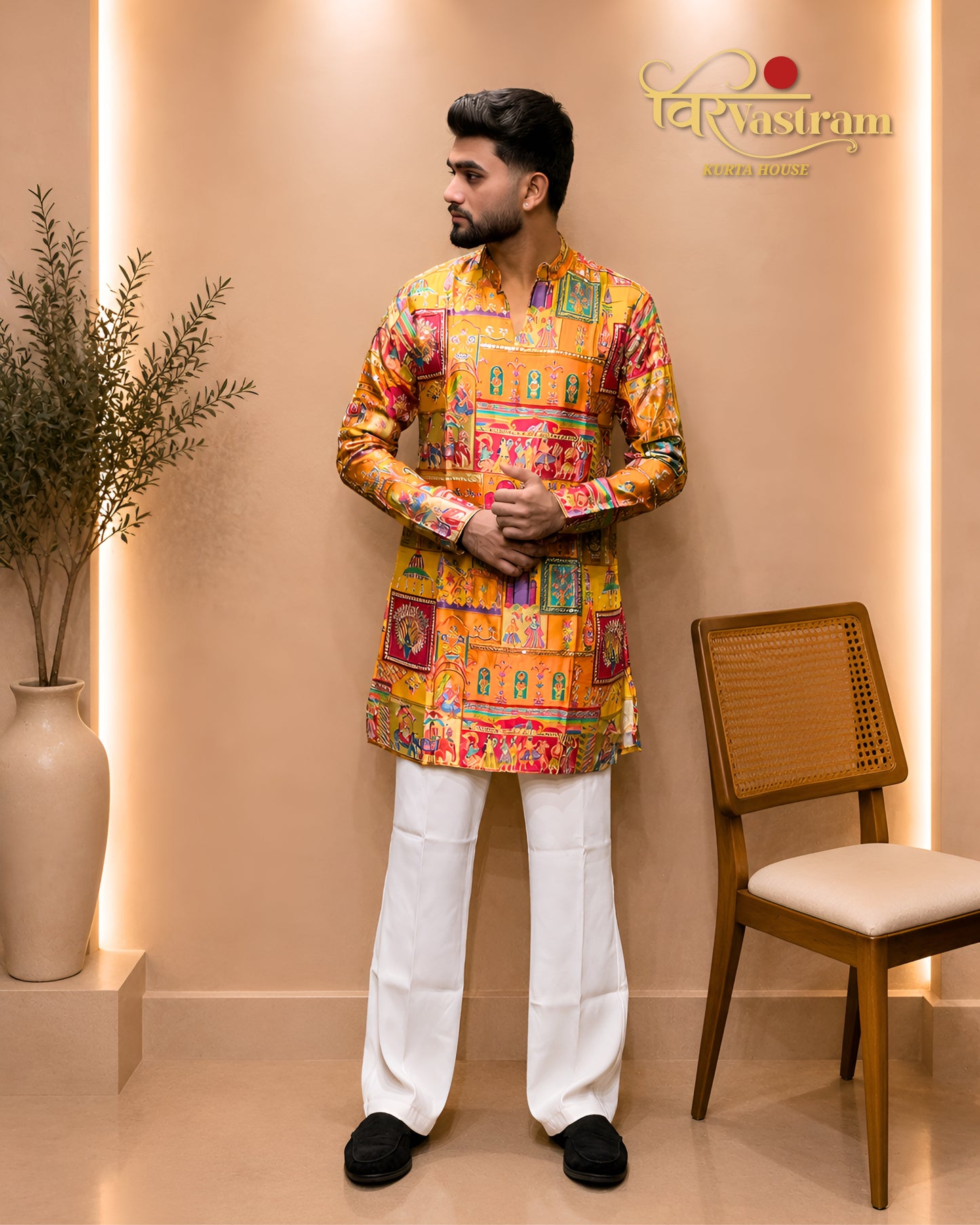 Men's All-Over Multi-Color Floral Printed & Embroidered Silk Short Kurta Set | Festive & Haldi Wear (Copy) (Copy) (Copy) (Copy)