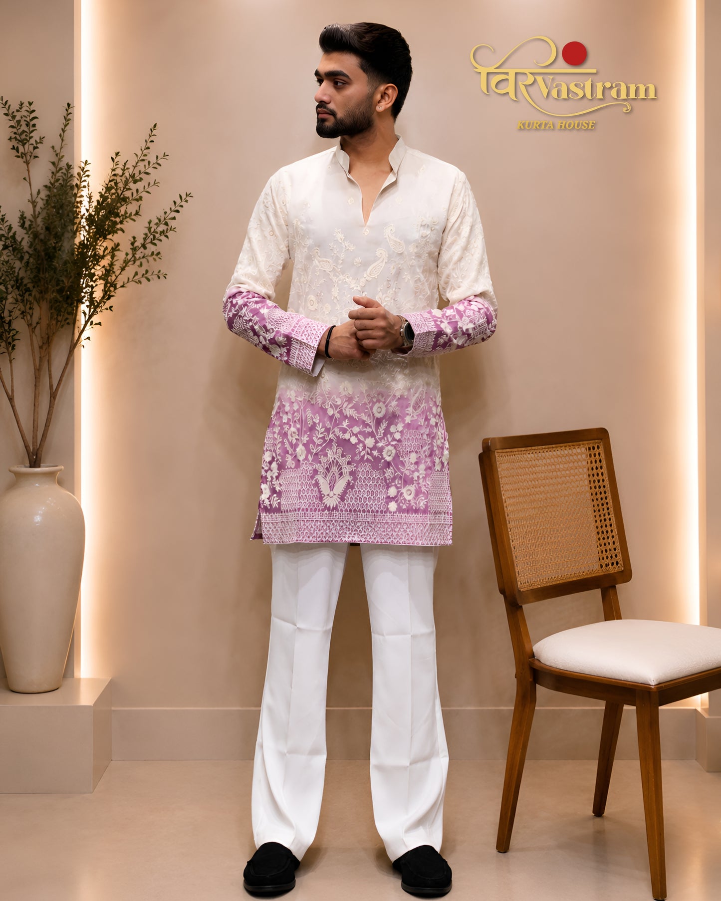 Men's Dual-Tone Ombre Floral Heavy Silk Short Kurta Set | Festive & Wedding Wear