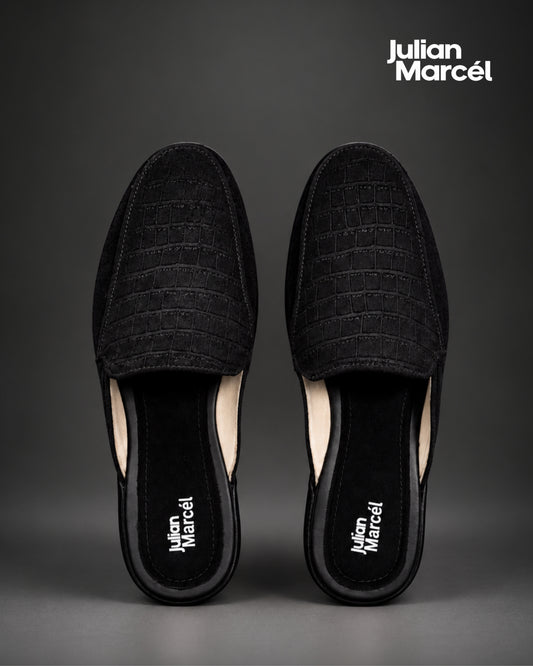 Men's Black Croc-Embossed Suede Slip-On Mules with Neon Orange Piping | Julian Marcél