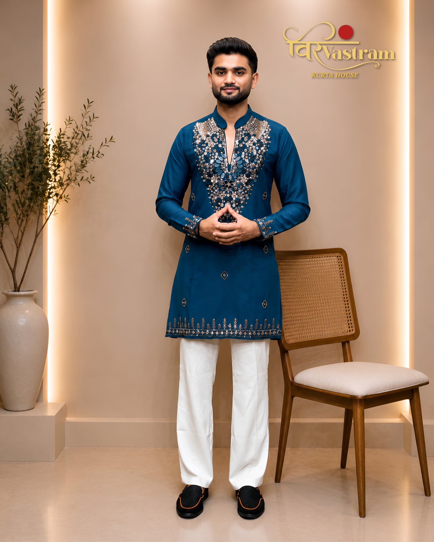 Premium Armani Fabric Mirror & Beads Work V-Neck Short Kurta