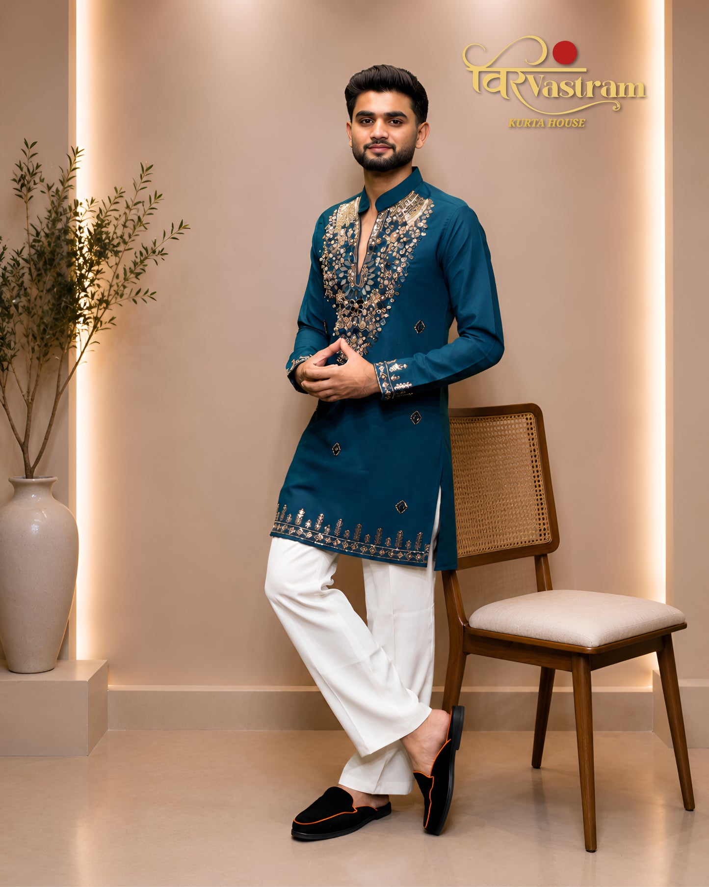 Premium Armani Fabric Mirror & Beads Work V-Neck Short Kurta