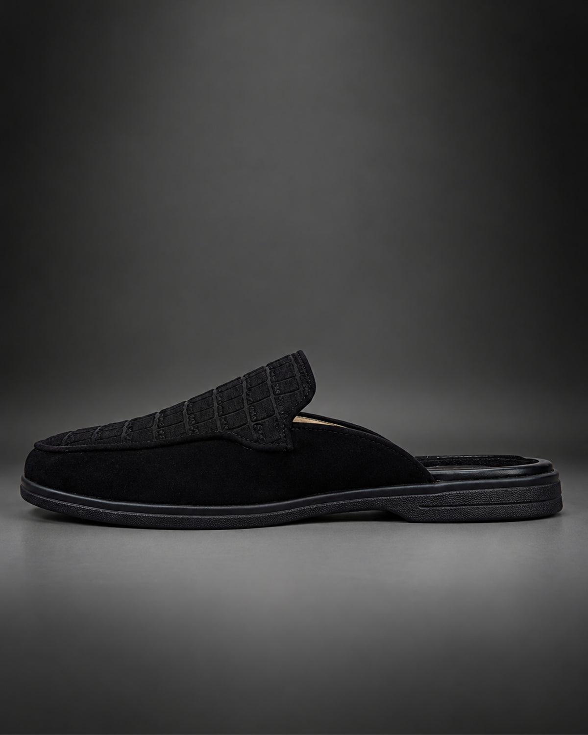 Men's Black Croc-Embossed Suede Slip-On Mules with Neon Orange Piping | Julian Marcél