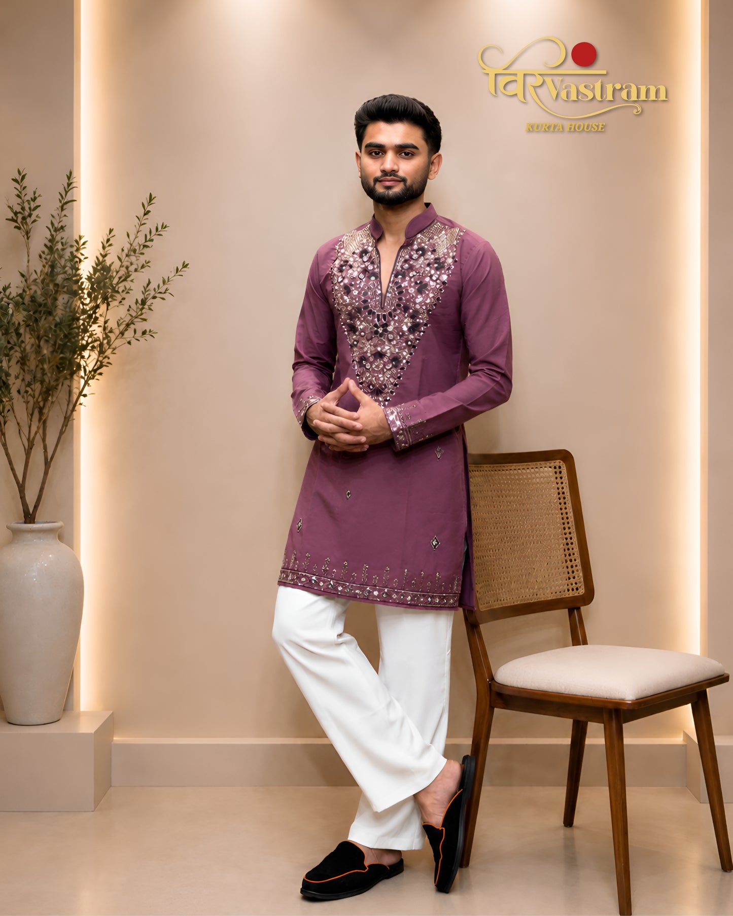 Premium Armani Fabric Mirror & Beads Work V-Neck Short Kurta