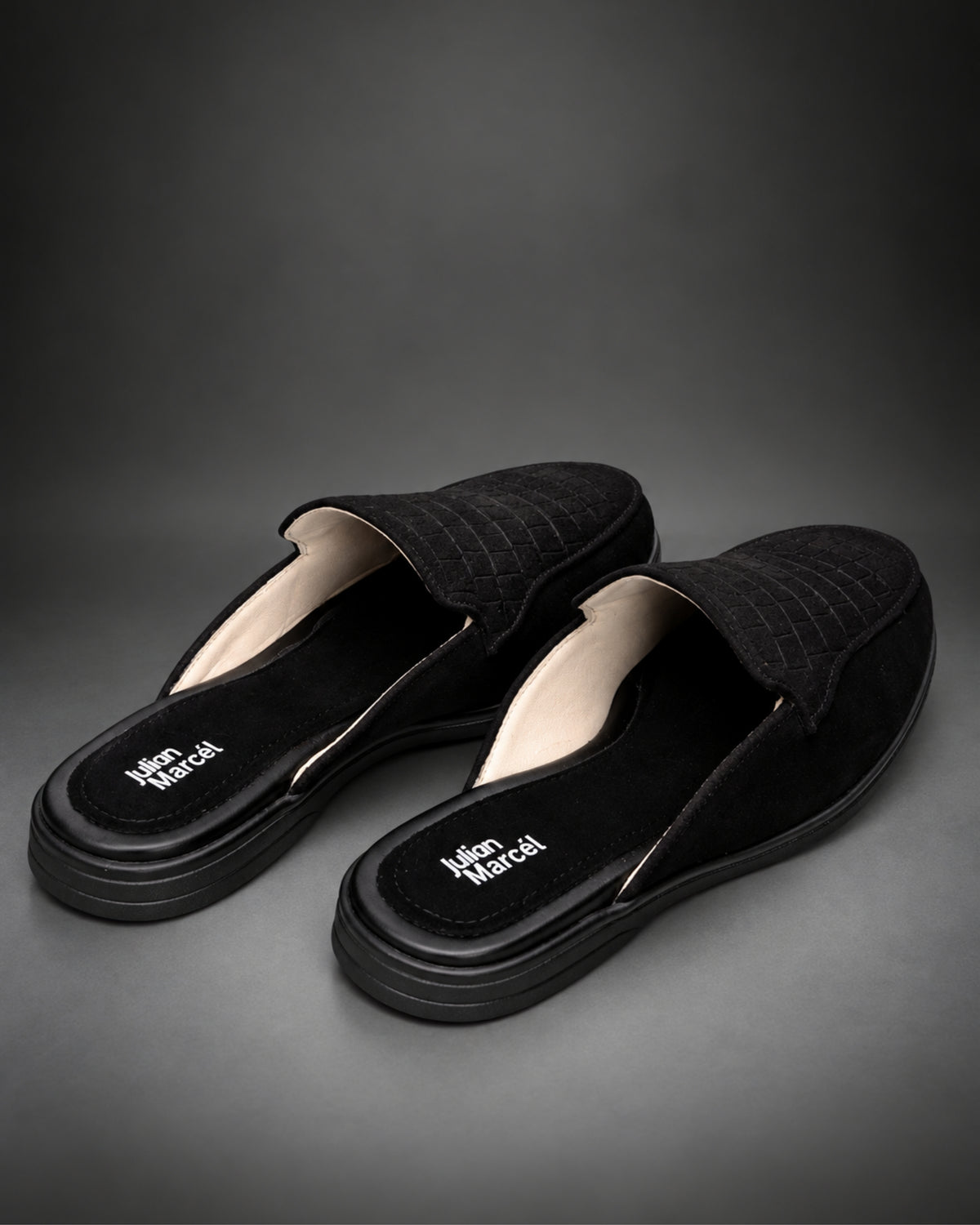 Men's Black Croc-Embossed Suede Slip-On Mules with Neon Orange Piping | Julian Marcél