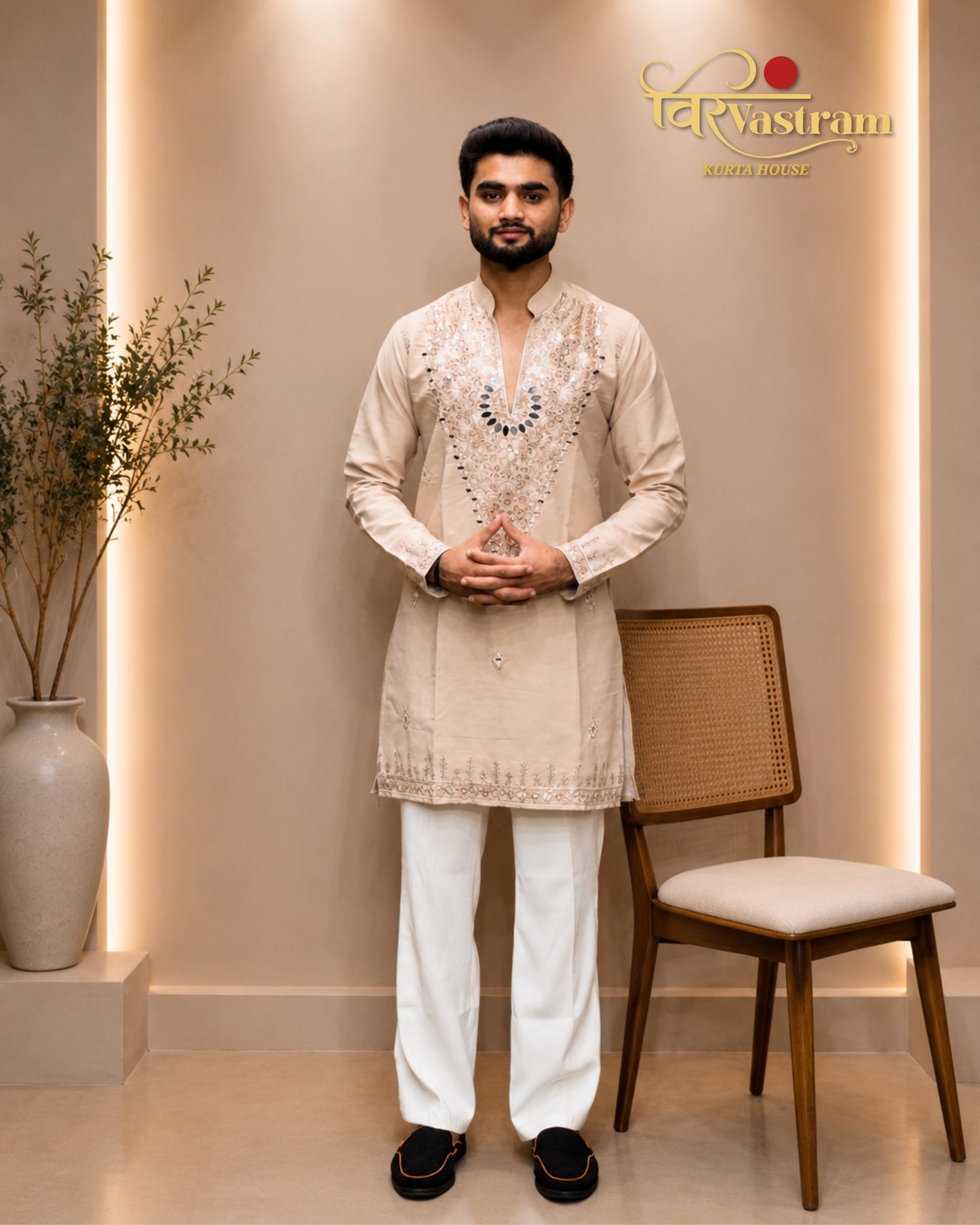 Premium Armani Fabric Mirror & Beads Work V-Neck Short Kurta