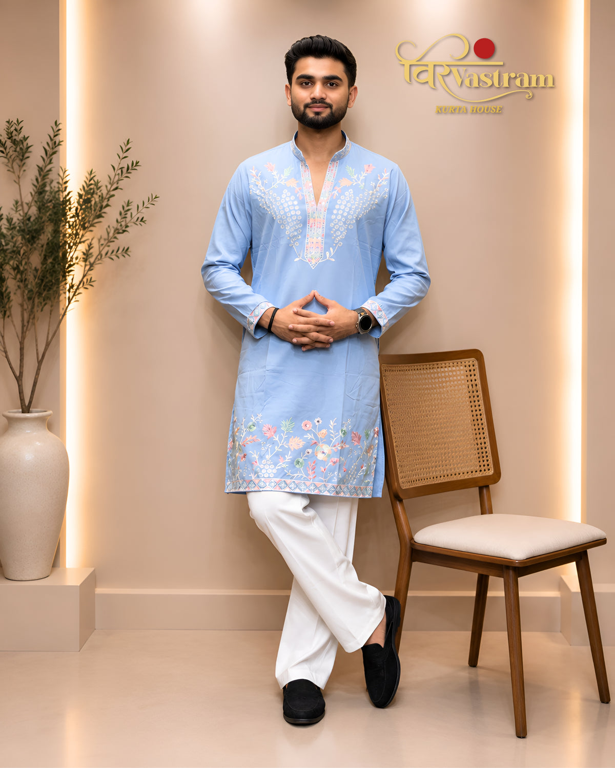 Men's Pastel Floral Thread Embroidered Silk Short Kurta Set