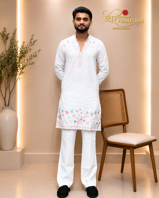 Men's Pastel Floral Thread Embroidered Silk Short Kurta Set