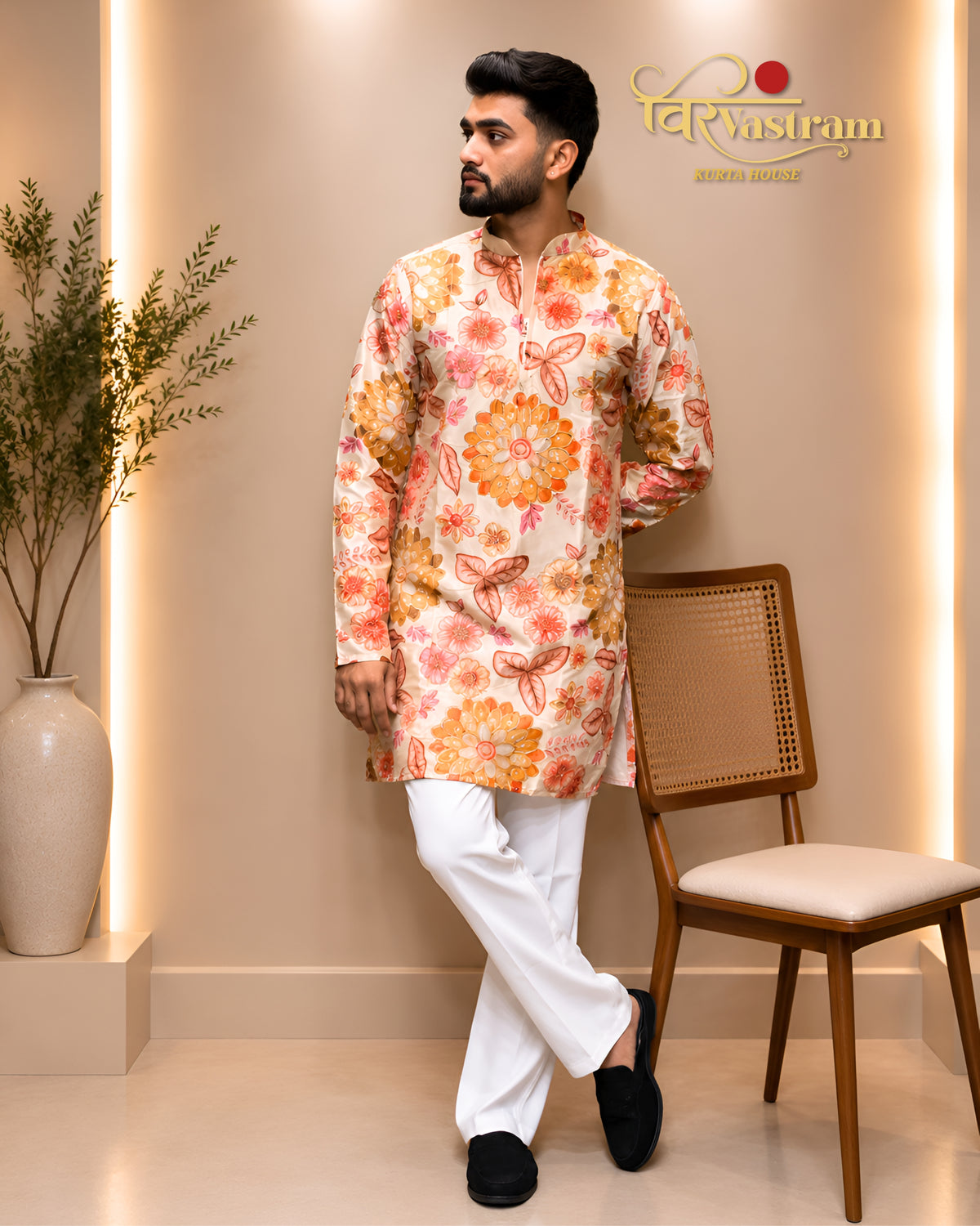 Men's Handcrafted Floral Embroidered Silk Short Kurta Set