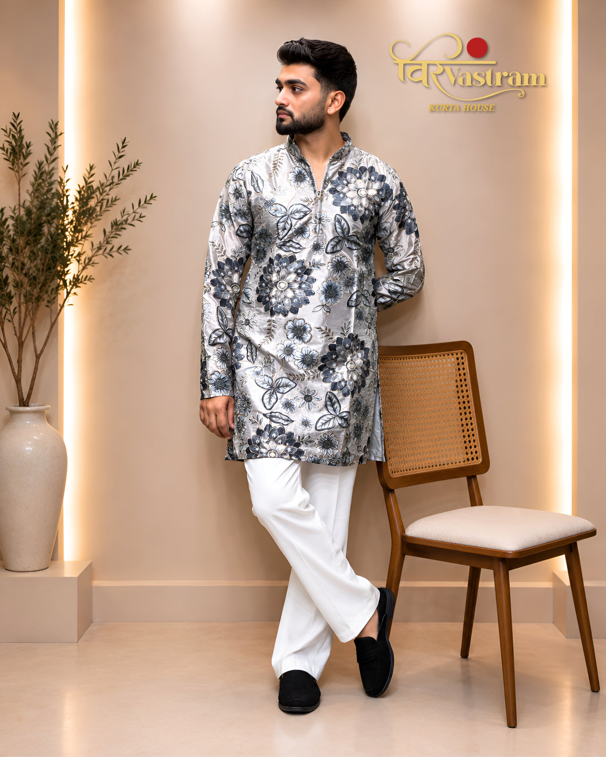 Men's Handcrafted Floral Embroidered Silk Short Kurta Set