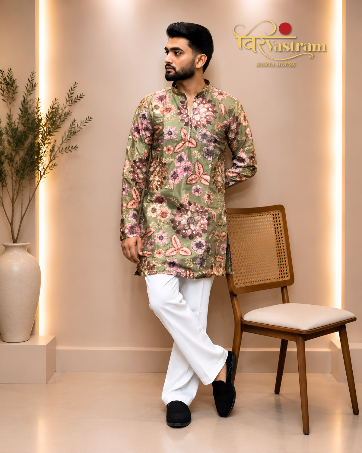 Men's Handcrafted Floral Embroidered Silk Short Kurta Set