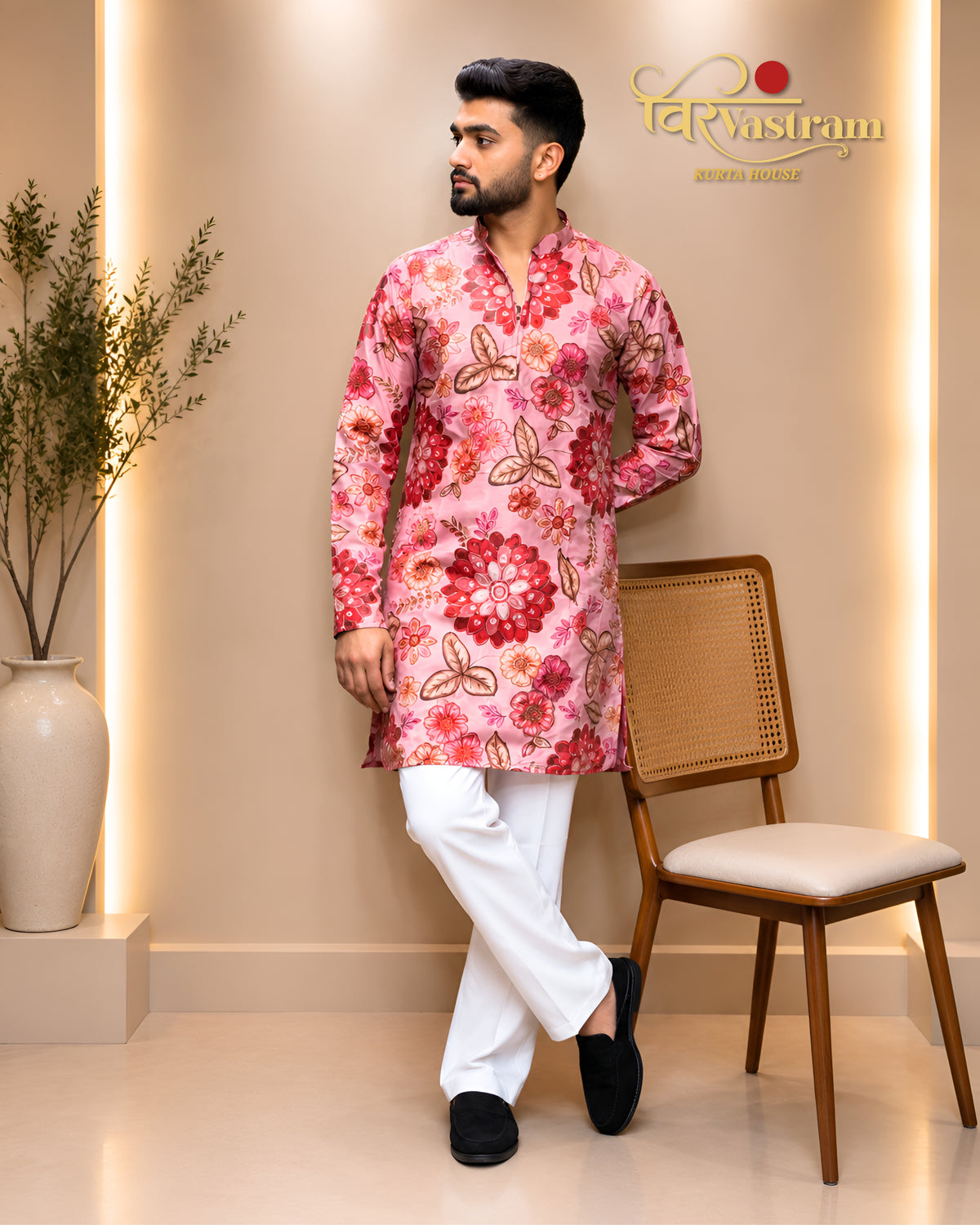 Men's Handcrafted Floral Embroidered Silk Short Kurta Set