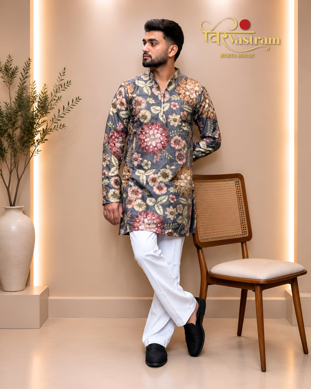 Men's Handcrafted Floral Embroidered Silk Short Kurta Set