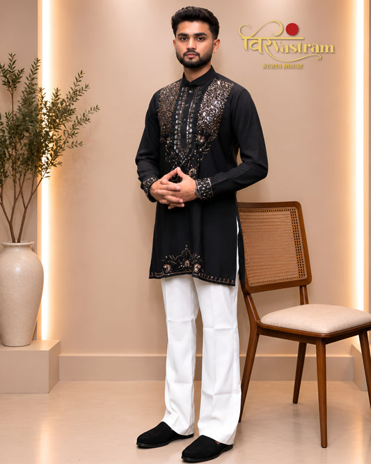 Men's Designer Heavy Yoke Mirror Work & Thread Embroidered Silk Short Kurta Set | Festive & Party Wear