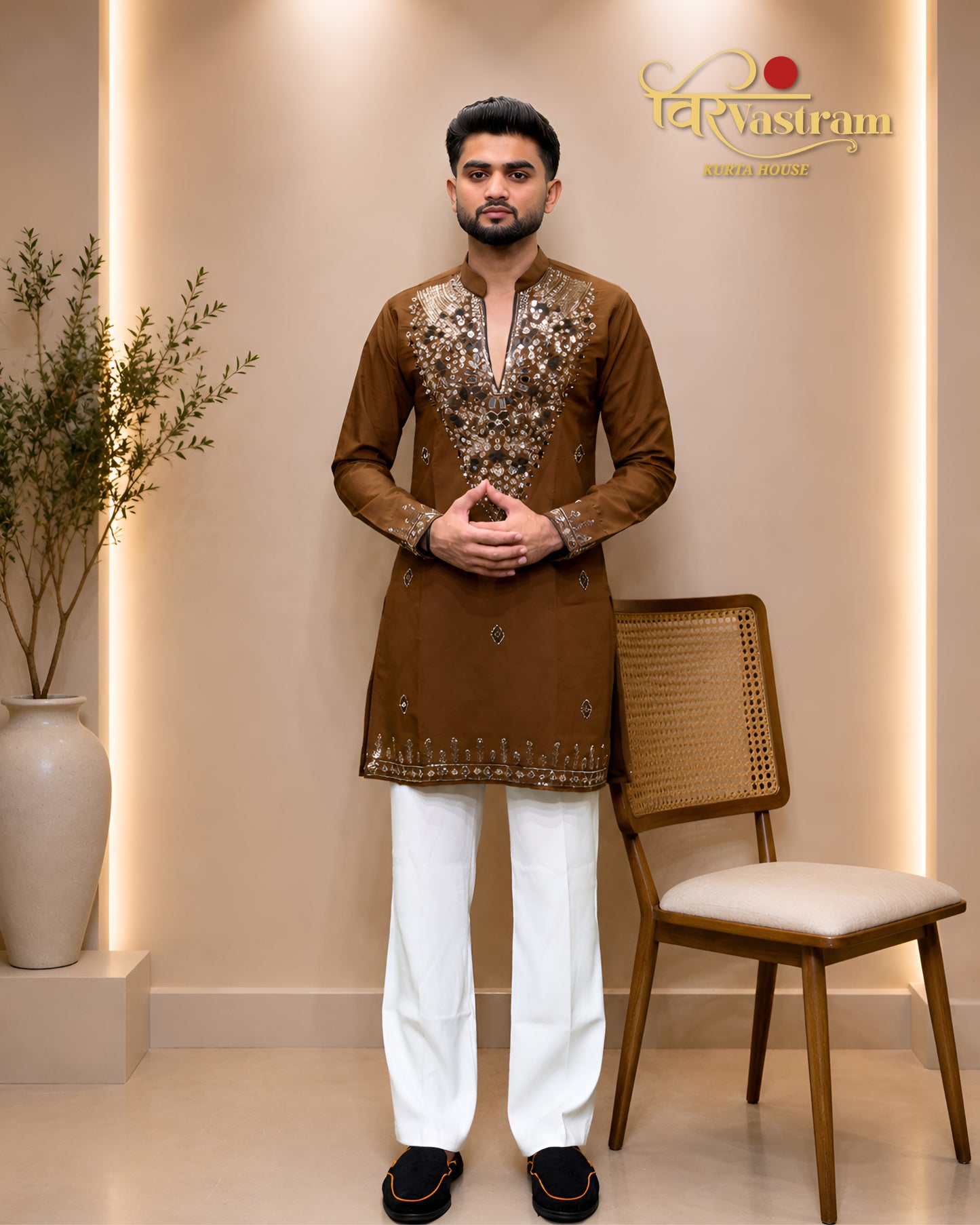 Premium Armani Fabric Mirror & Beads Work V-Neck Short Kurta
