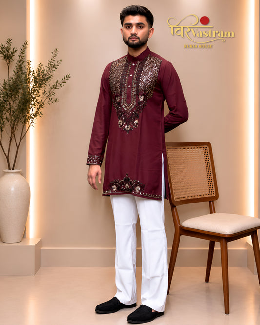 Men's Designer Heavy Yoke Mirror Work & Thread Embroidered Silk Short Kurta Set | Festive & Party Wear