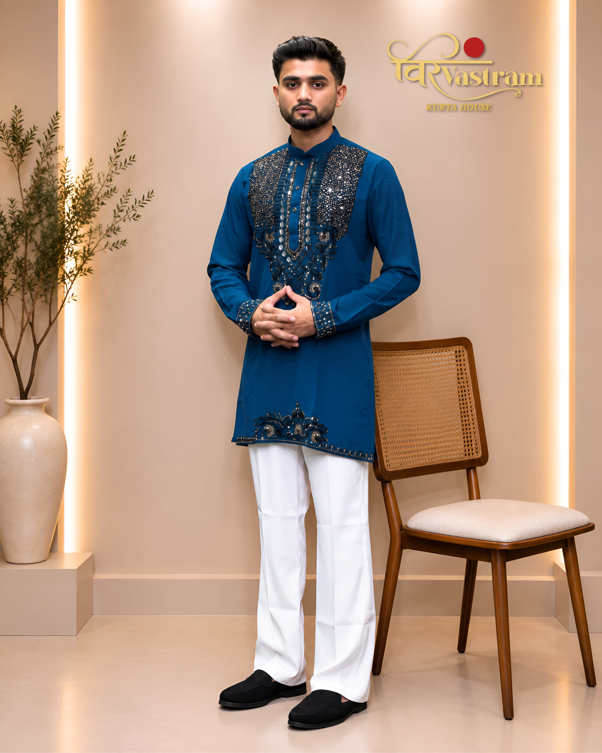 Men's Designer Heavy Yoke Mirror Work & Thread Embroidered Silk Short Kurta Set | Festive & Party Wear