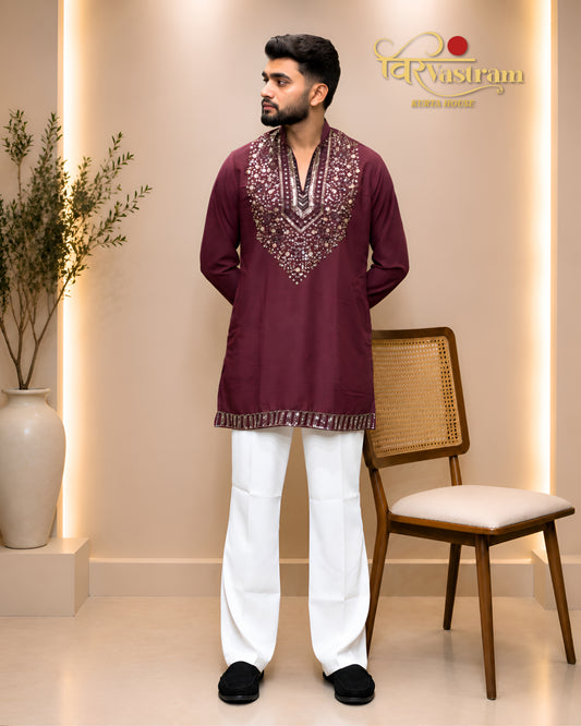 Men's Heavy V-Yoke Mirror & Sequins Embroidered Silk Short Kurta Set | Festive & Party Wear