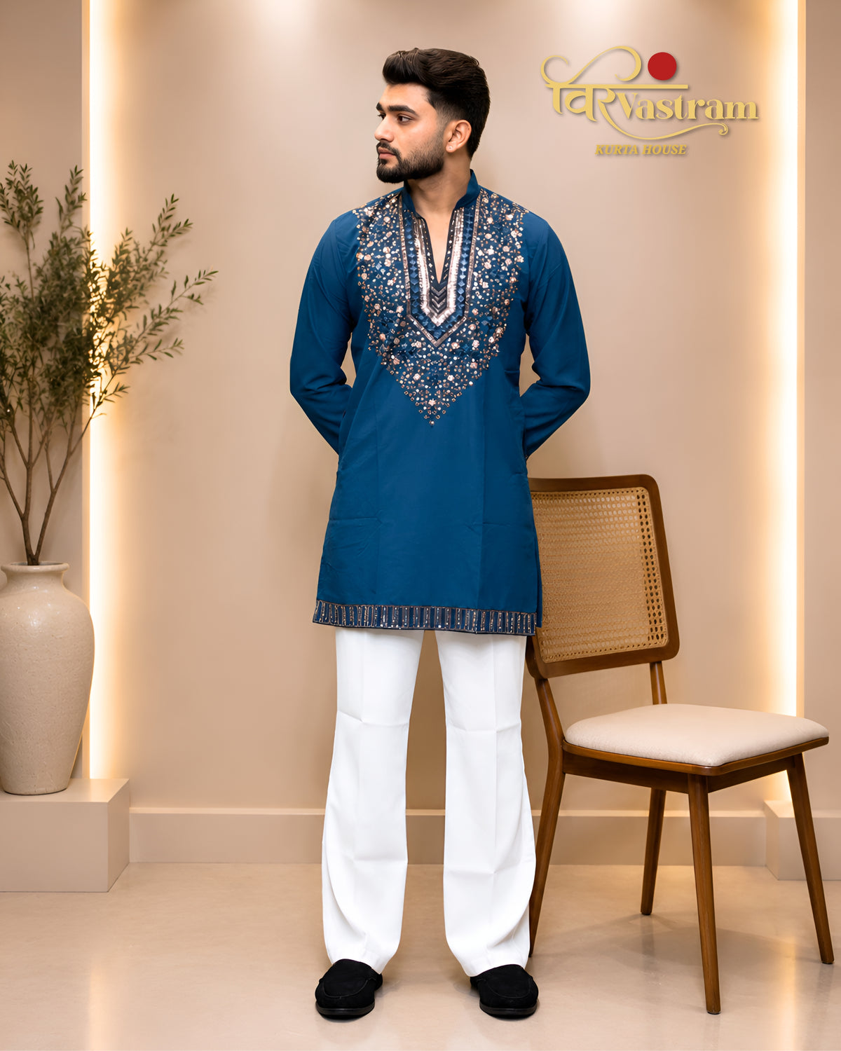 Men's Heavy V-Yoke Mirror & Sequins Embroidered Silk Short Kurta Set | Festive & Party Wear
