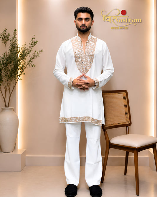 Men's Designer Heavy Yoke Mirror Work & Sequence Border Silk Short Kurta Set | Festive & Wedding Wear
