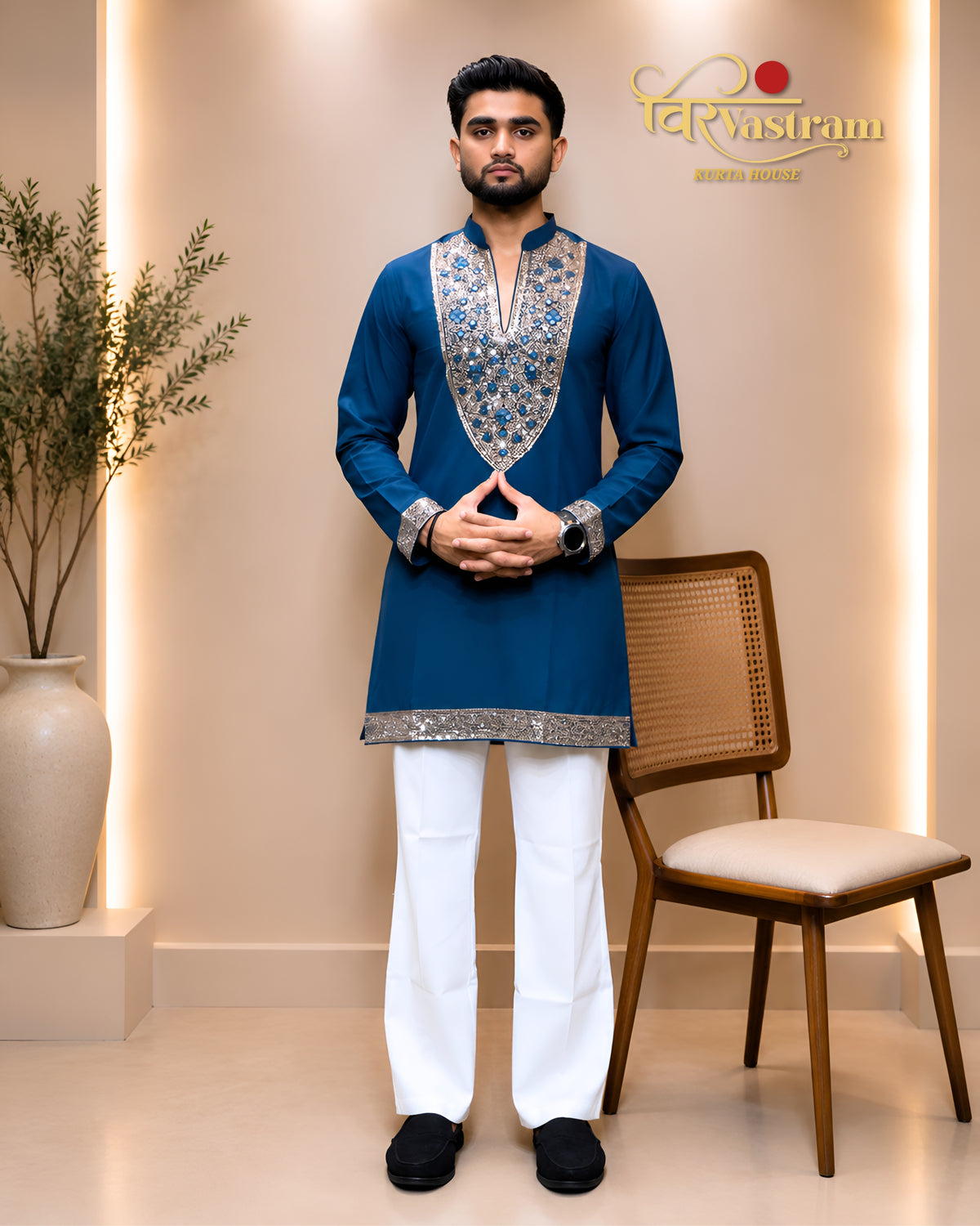 Men's Designer Heavy Yoke Mirror Work & Sequence Border Silk Short Kurta Set | Festive & Wedding Wear