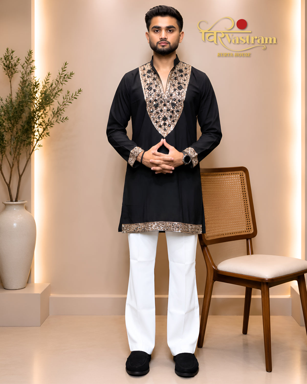 Men's Designer Heavy Yoke Mirror Work & Sequence Border Silk Short Kurta Set | Festive & Wedding Wear