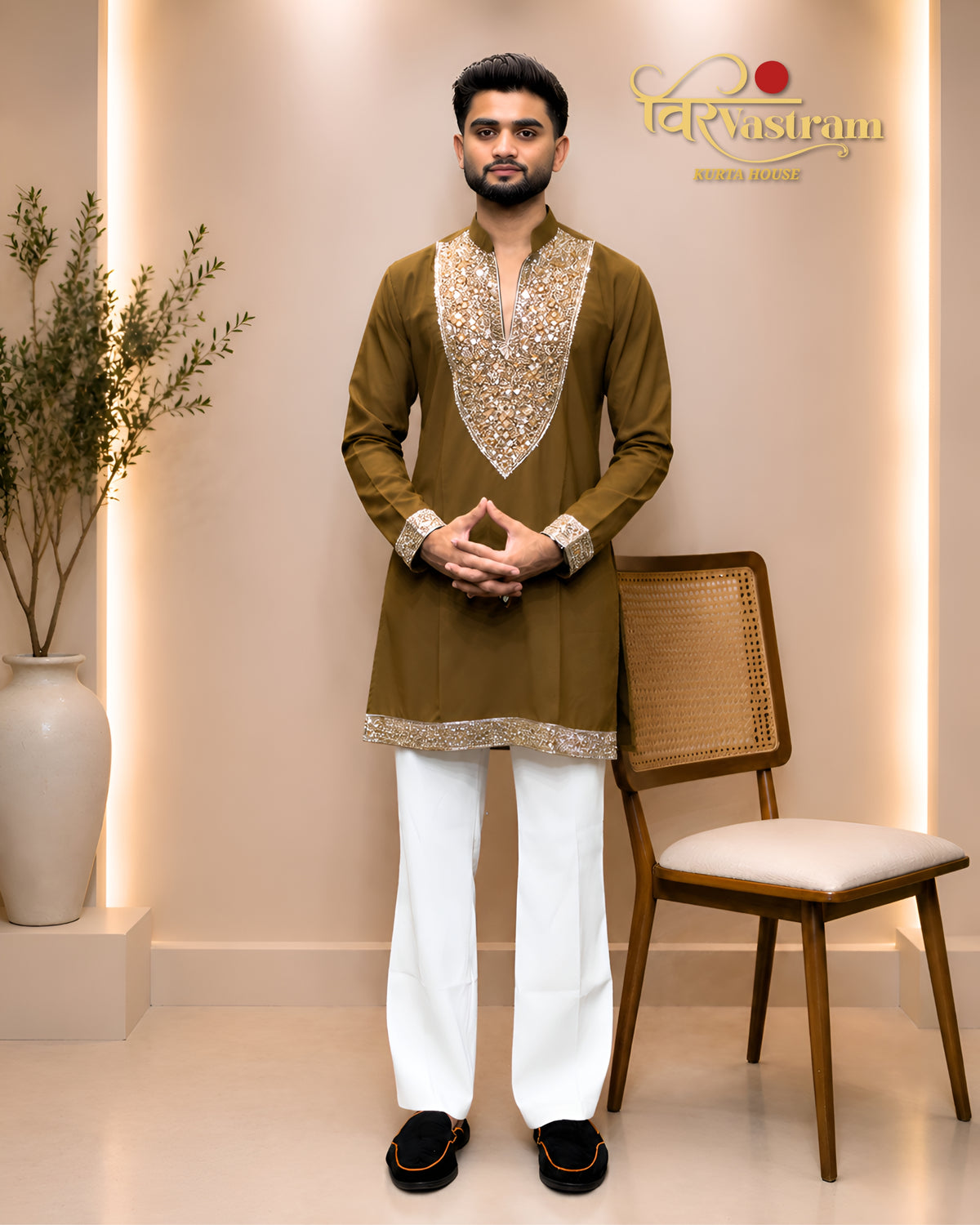 Men's Designer Heavy Yoke Mirror Work & Sequence Border Silk Short Kurta Set | Festive & Wedding Wear