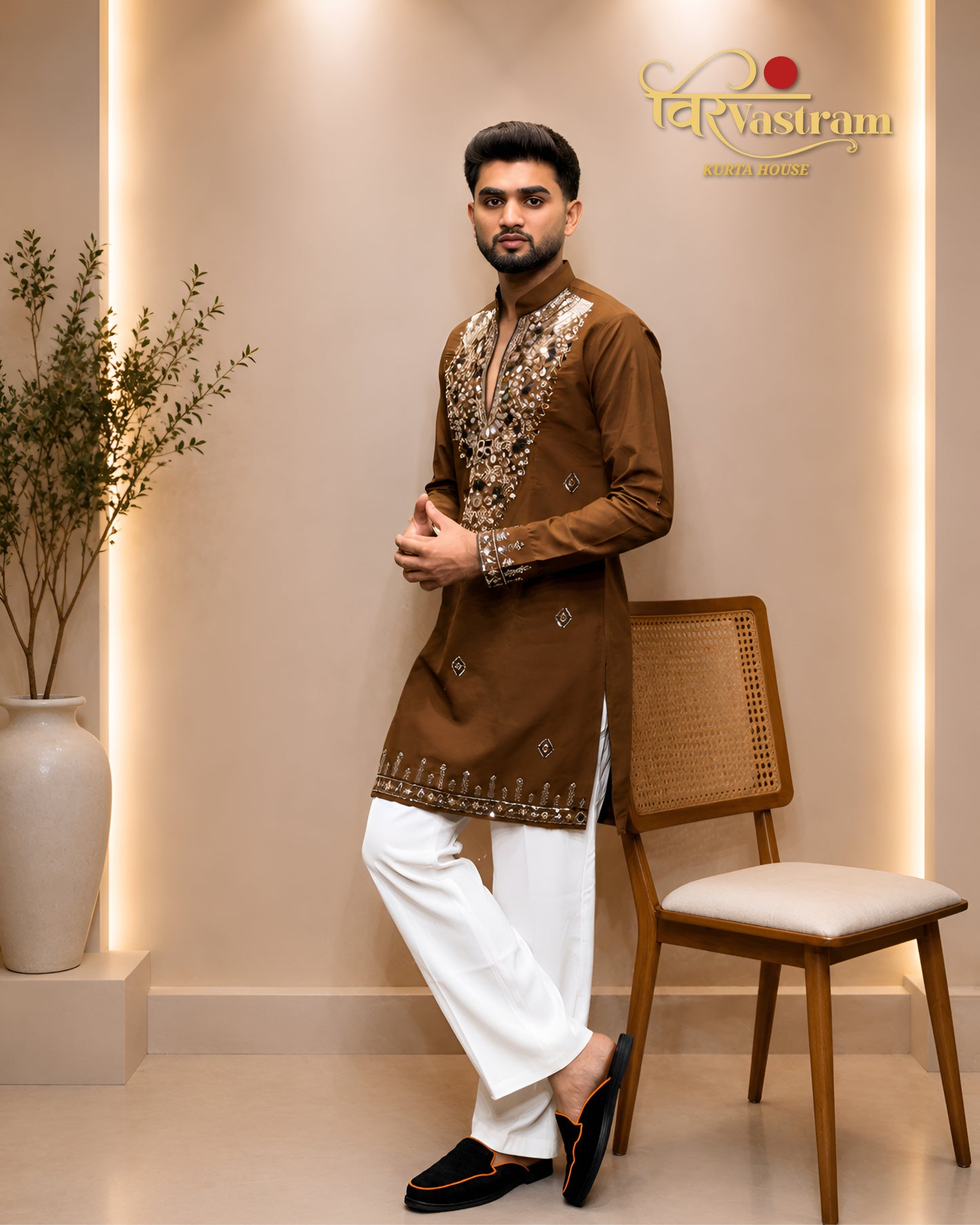 Premium Armani Fabric Mirror & Beads Work V-Neck Short Kurta