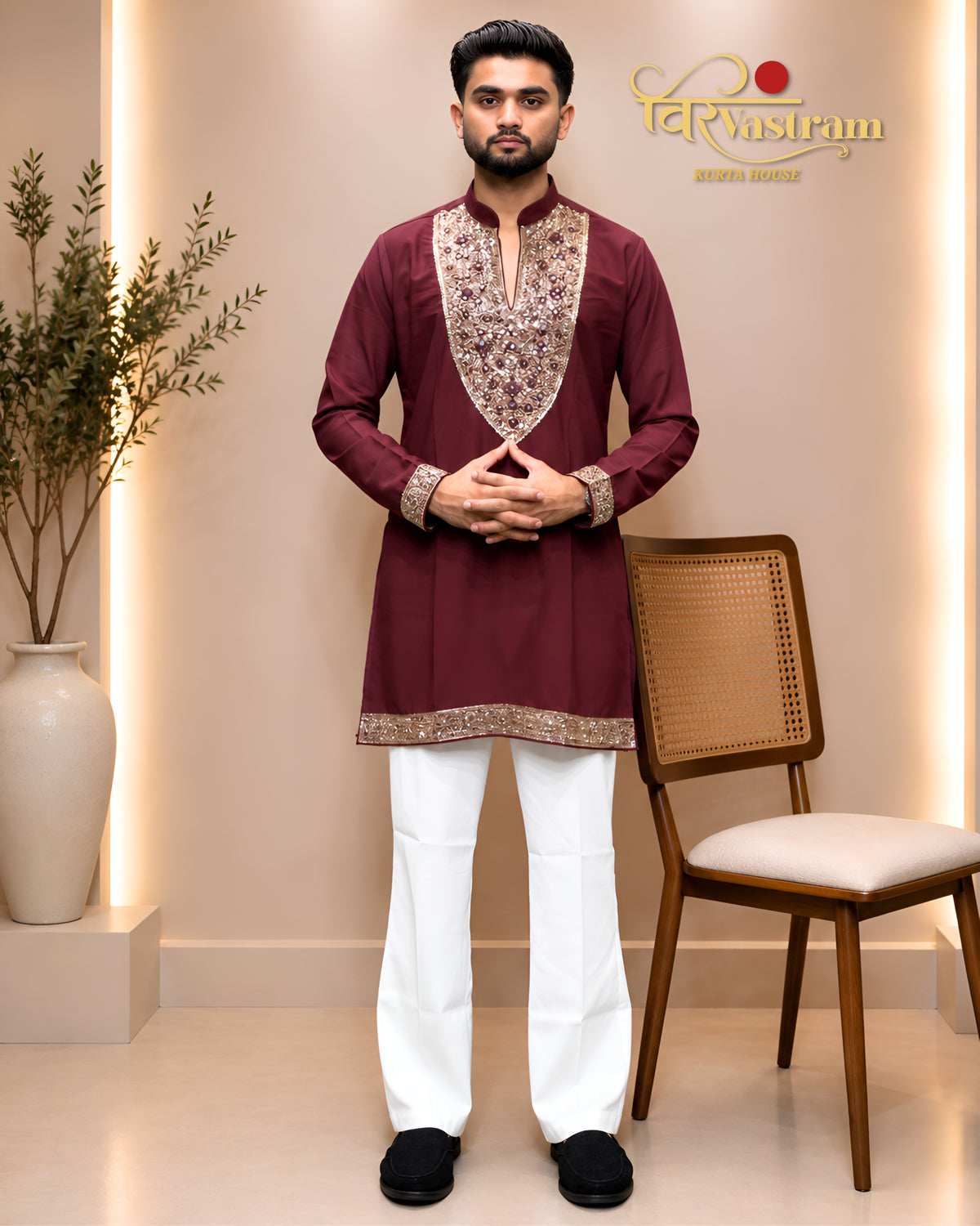 Men's Designer Heavy Yoke Mirror Work & Sequence Border Silk Short Kurta Set | Festive & Wedding Wear