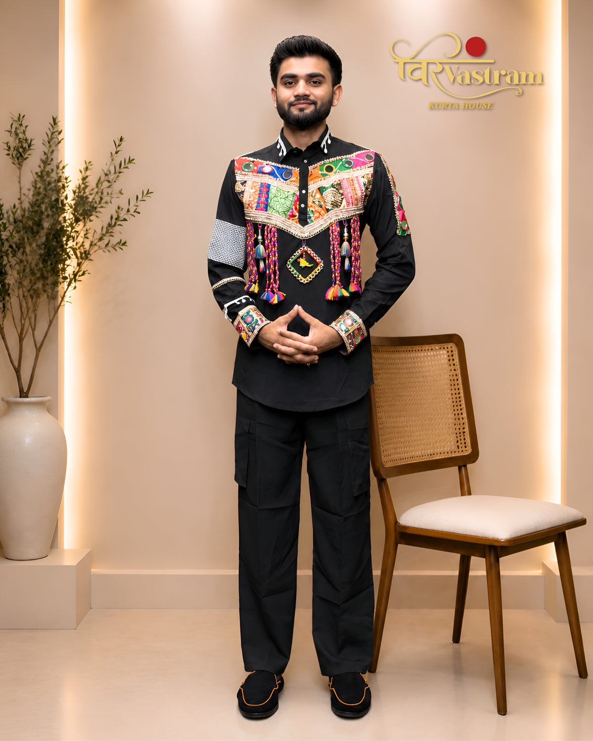 Men's Navratri Special Patchwork & Tassel Detail Cotton Short Kurta Set | Festive & Fusion Wear