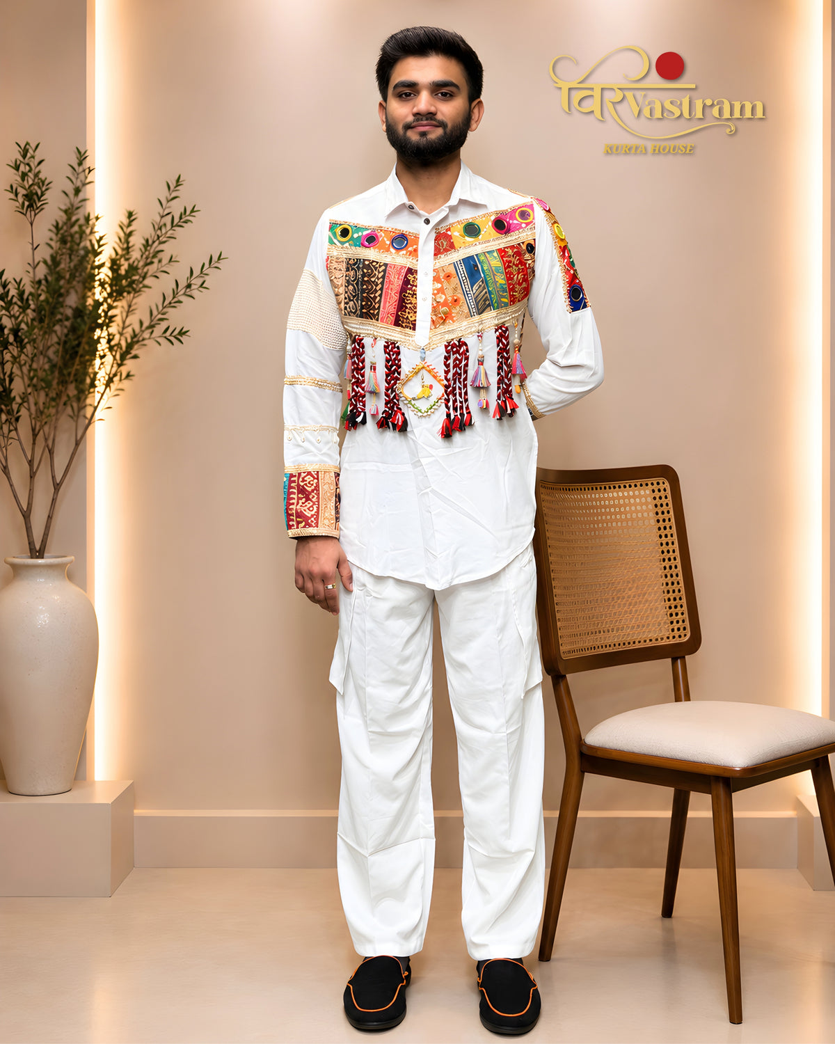 Men's Navratri Special Patchwork & Tassel Detail Cotton Short Kurta Set | Festive & Fusion Wear