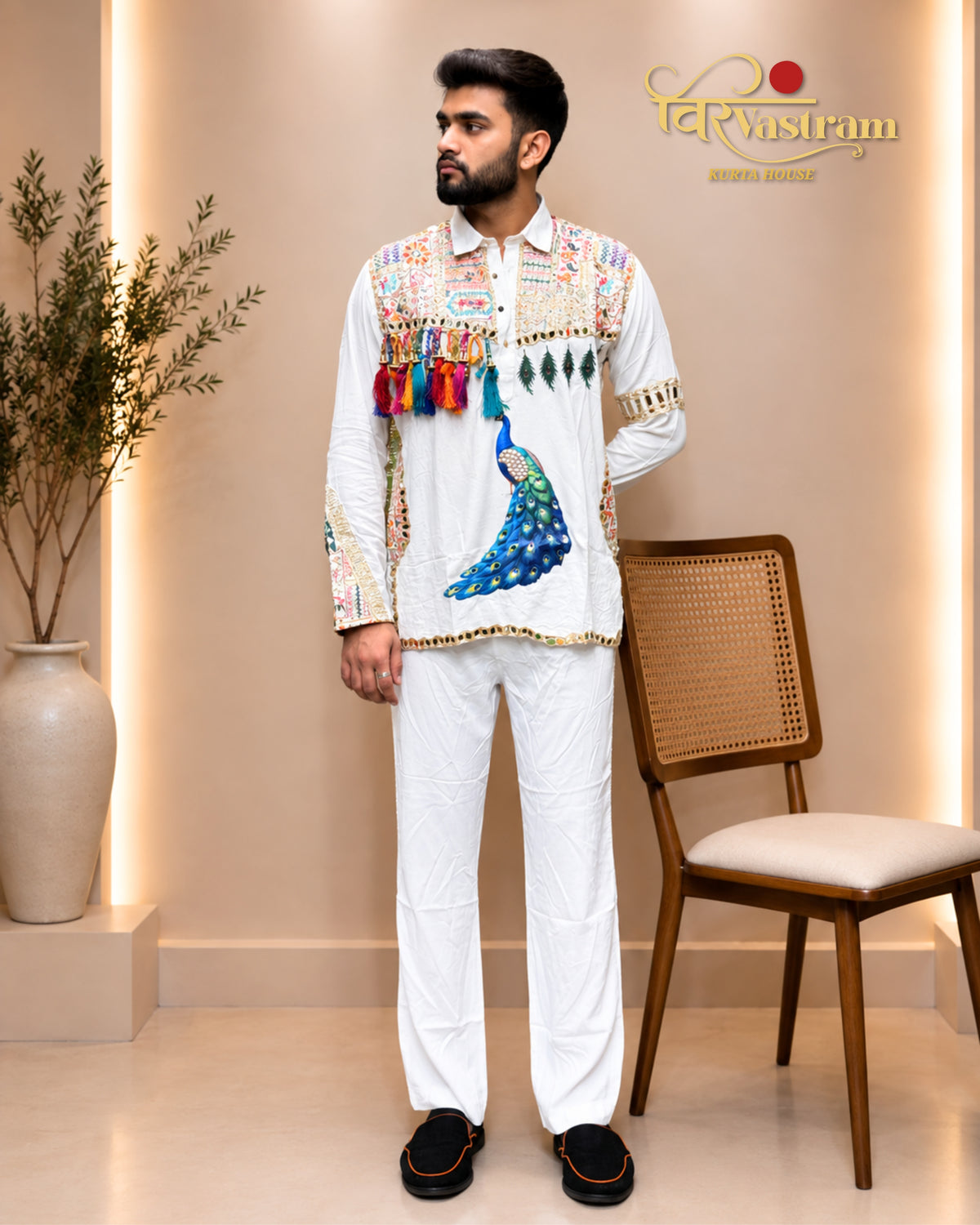 Men's Peacock Motif & Kutch Patchwork Short Kurta Set with Tassels | Navratri & Festive Fusion Wear