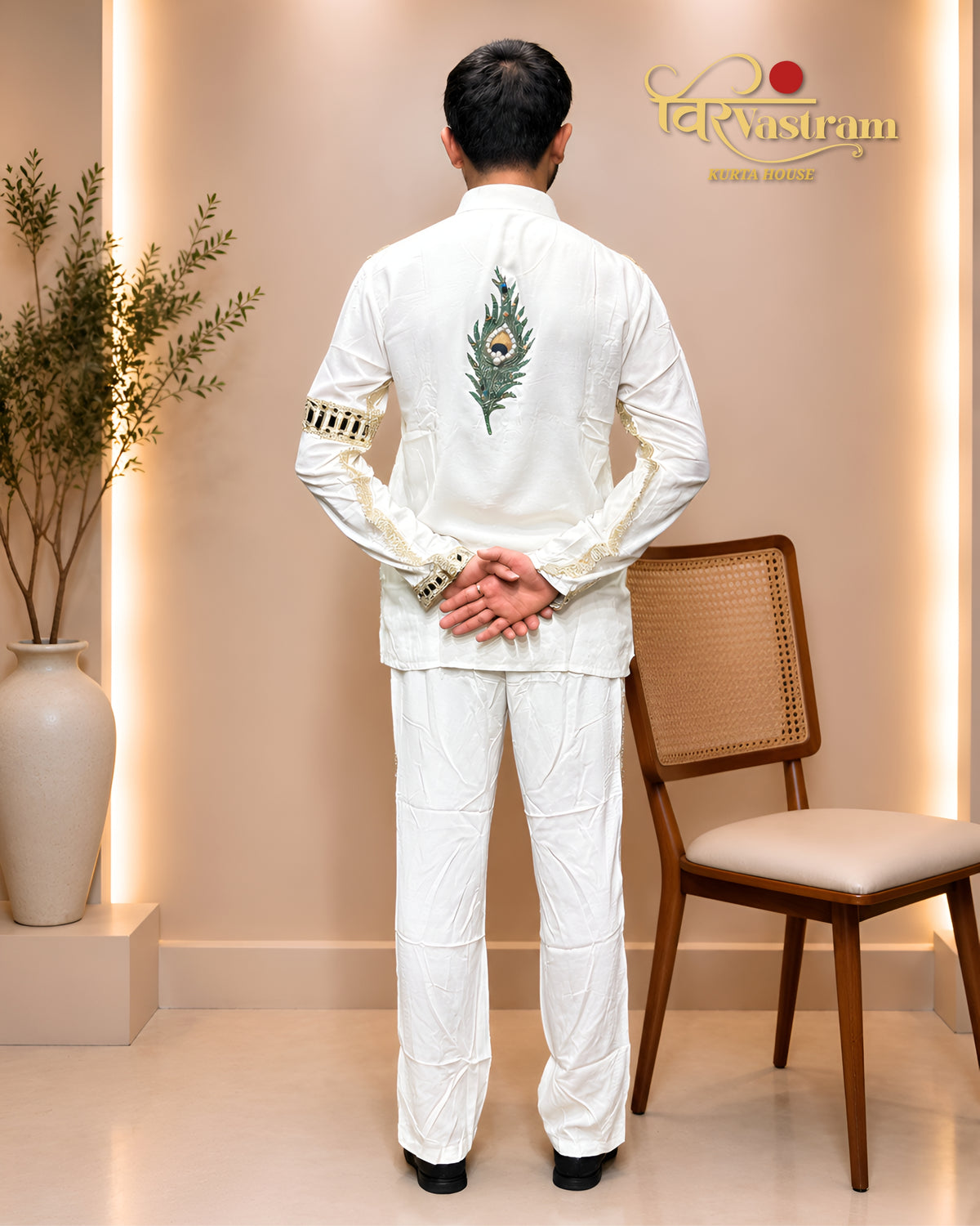Men's Peacock Motif & Kutch Patchwork Short Kurta Set with Tassels | Navratri & Festive Fusion Wear